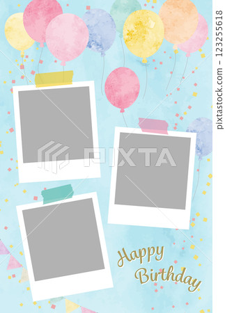 Photo frame watercolor balloons background birthday card illustration 123255618