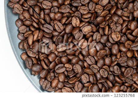 Roasted decaf coffee beans close up texture 123255768