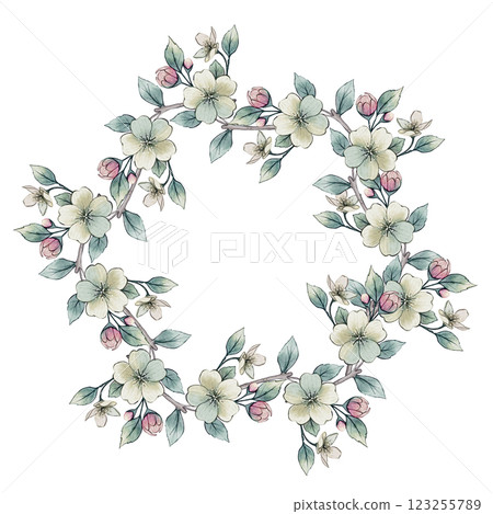 Watercolor wreath of blooming branches Watercolor wreath of blooming branches 123255789
