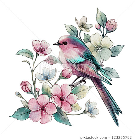 Watercolor bird on a blooming branch Watercolor bird on a blooming branch 123255792