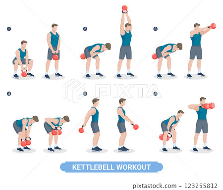 Kettlebell exercise workouts for men vector illustration. 123255812