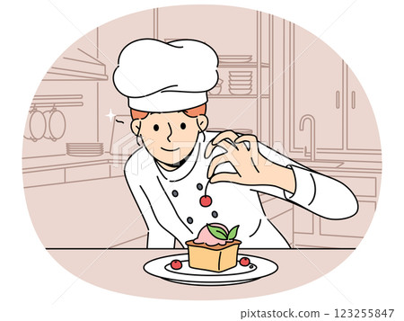 Woman pastry chef prepares dessert cake with fresh berries standing in kitchen restaurant or bakery Woman pastry chef prepares dessert cake with fresh berries standing in kitchen restaurant or bakery 123255847
