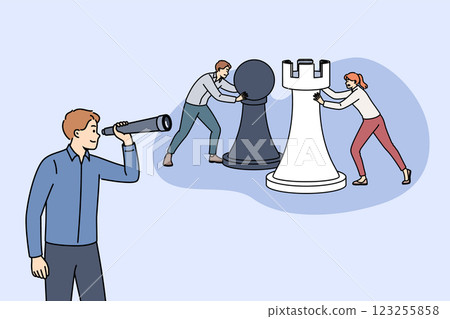 Businessman looks through telescope at competing colleagues moving chess pieces for seize leadership 123255858
