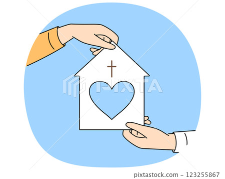 Model of christian church with heart in hand for advertising catholic charitable foundation Model of christian church with heart in hand for advertising catholic charitable foundation 123255867