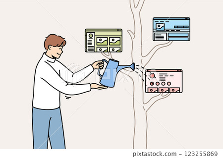 Man watering tree with web windows on branches is engaged in development of electronic ecosystem Man watering tree with web windows on branches is engaged in development of electronic ecosystem 123255869