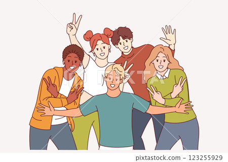 Group of multiracial students pose for group photo showing positive emotions and V gestures 123255929