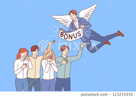 Manager giving bonus to happy employees, flying with angel wings over business people 123255930