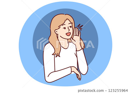 Woman screams with hand to mouth to announce start of seasonal sale or discounts for shopping 123255964