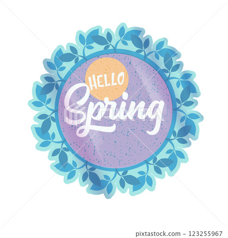 Hello spring label and sticker isolated on white. Hello spring and springtime sign, poster. vector 123255967