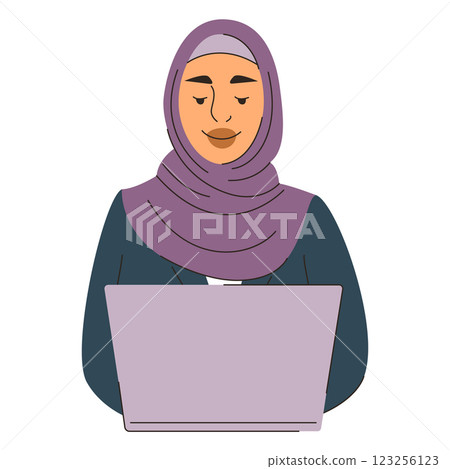 Muslim businesswoman working on laptop 123256123