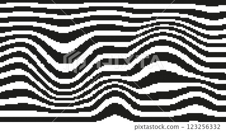 Pixel Art Distorted Stripe Background in Retro 8-bit style. Wave Uneven Stripes, Warped Streaks, Wavy Lines. Twisted Trendy pixelated vector texture. Inspired by video game aesthetics. Mood of 90's 123256332