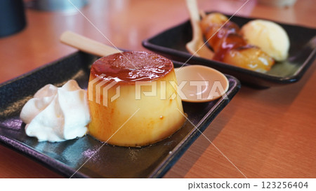 Japanese conveyor belt sushi menu (dessert pudding and mitarashi dango) 123256404