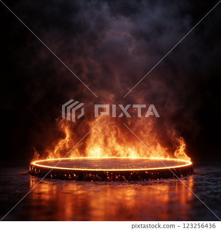 3d burning fire podium on dark background. platform in flame stand for product placement and display 123256436