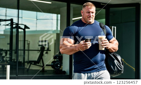 Muscular athlete checking his smartphone after an intense workout 123256457