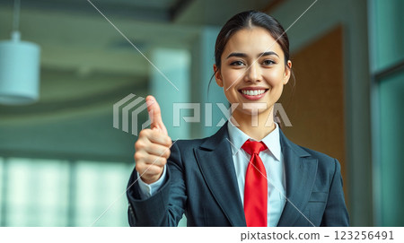 business woman showing thumb up. Confident business female showing positive gesture. concept of success 123256491