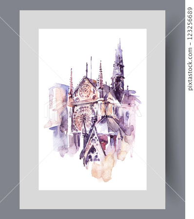 Catholic Cathedral of Notre Dame de Paris in capital of France on poster. Watercolor artwork 123256689