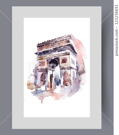 Triumphal arch in Paris is symbol france and architectural landmark on poster. Watercolor artwork Triumphal arch in Paris is symbol france and architectural landmark on poster. Watercolor artwork 123256691