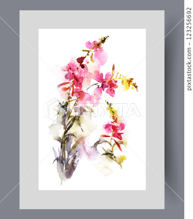 Spring wildflowers with pink buds and tall stem, on beautiful watercolour poster giving good mood Spring wildflowers with pink buds and tall stem, on beautiful watercolour poster giving good mood 123256692