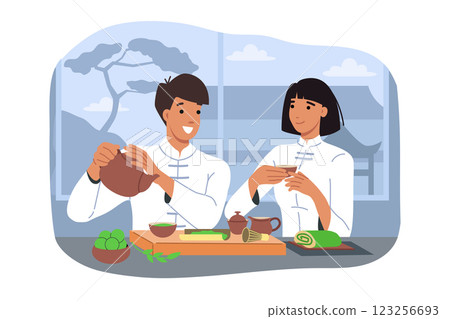 Tea ceremony with man and woman drinking hot drink from clay pot, dressed in asian clothing Tea ceremony with man and woman drinking hot drink from clay pot, dressed in asian clothing 123256693