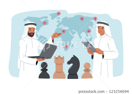 Arab business men with laptops stand near world map and chess pieces planning supply chains 123256694