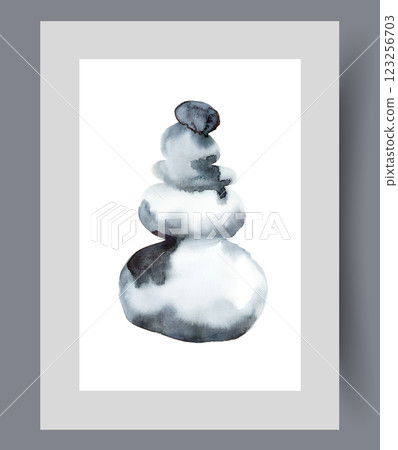 Buddhist stone pyramid symbolizing achievements of zen and meditation on print. Watercolor artwork 123256703