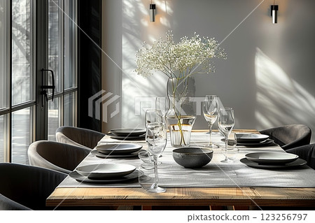 Minimal modern table with a vase of white flowers and bowl, set for a meal and the mood is elegant and inviting 123256797