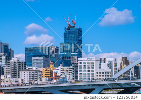 Tokyo cityscape in Japan, overlooking Nihonbashi and Tsukiji Ohashi Bridges (foreground), with a huge redevelopment building lined with cranes (back right). Tokyo cityscape in Japan, overlooking Nihonbashi and Tsukiji Ohashi Bridges (foreground), with a huge redevelopment building lined with cranes (back right). 123256814