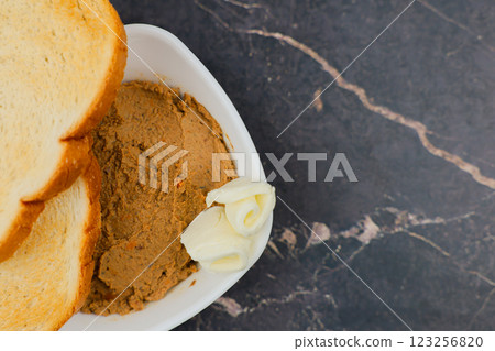 Close-up of a white plate with liver pate and slices of butter, wheat bread toast on top on a dark background with space for text. The concept of snacking, wholesome and healthy food. High quality 123256820