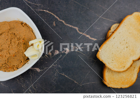 A white plate with liver pate and slices of butter stands on the left on a dark background, on the right there are wheat bread toasts with space for text in the center. The concept of snacking 123256821