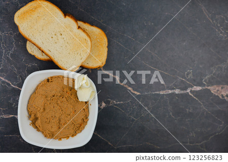 A white plate with liver pate and slices of butter, next to it are wheat bread toast on a dark background with space for text. The concept of snacking, wholesome and healthy food. High quality photo 123256823