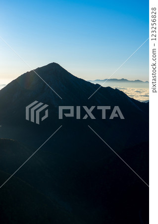 Early morning view of Mt. Jonen and Mt. Yatsugatake from the Kisaku Shindo trail Climbing Mt. Yari on the Northern Alps Omote Ginza traverse 123256828
