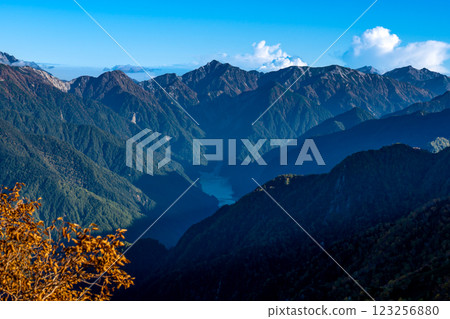 Takase Dam and Mt. Harinoki seen from the summit of Mt. Nishidake Climbing Mt. Yari on the Northern Alps Omote Ginza traverse 123256880
