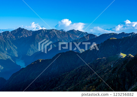 View of Mt. Harinoki and Mt. Kashima-Yari from the summit of Mt. Nishidake. Climbing Mt. Yari on the Northern Alps Omote Ginza traverse 123256882