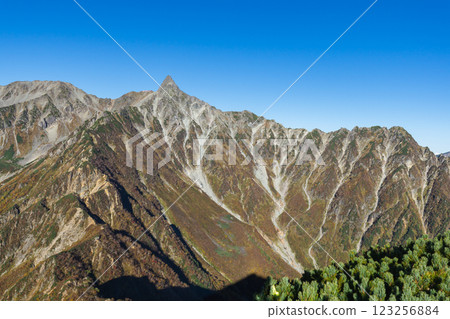 View of the Kitakama Ridge and Mt. Yari from the summit of Mt. Nishidake. Climbing Mt. Yari on the Northern Alps Omote Ginza traverse. 123256884