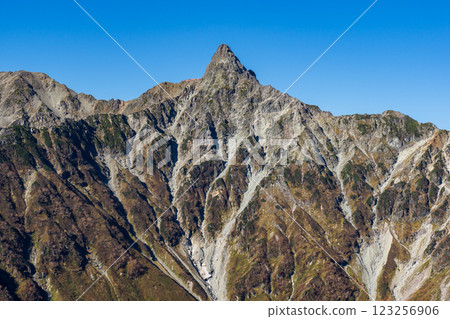 Mount Yari seen from the Kisaku Shindo trail. Climbing Mount Yari on the Northern Alps Omote Ginza trail Mount Yari seen from the Kisaku Shindo trail. Climbing Mount Yari on the Northern Alps Omote Ginza trail 123256906