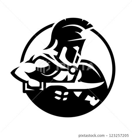 Spartan warrior in armor and with a sword. 123257205