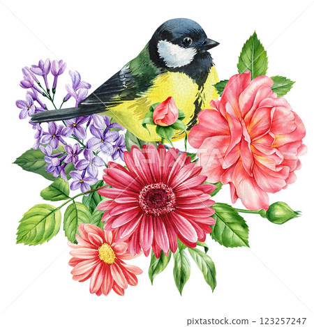 Romantic watercolor birds and flowers, botanical vintage nature painting hand drawn spring floral bouquet cute songbirds Romantic watercolor birds and flowers, botanical vintage nature painting hand drawn spring floral bouquet cute songbirds 123257247