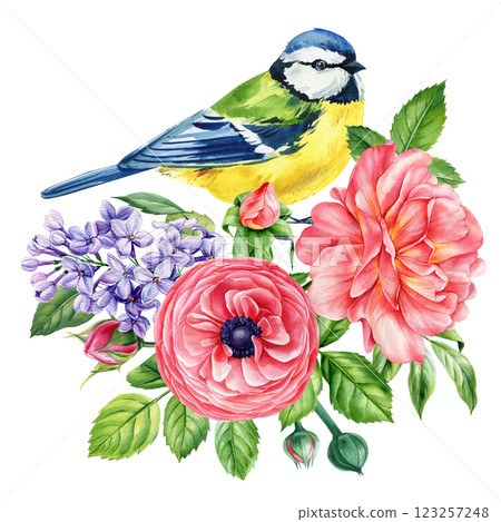 watercolor garden bird and floral bouquet, delicate hand painted nature composition, spring wildflowers cute songbirds watercolor garden bird and floral bouquet, delicate hand painted nature composition, spring wildflowers cute songbirds 123257248