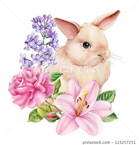 baby bunny watercolor painting, floral rabbit art, hand drawn animal spring wildlife easter hare fluffy pet isolated  baby bunny watercolor painting, floral rabbit art, hand drawn animal spring wildlife easter hare fluffy pet isolated  123257251