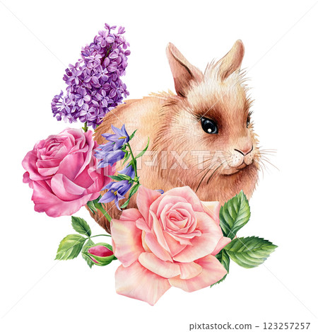 adorable rabbit with flowers, watercolor bunny artwork, hand painted spring animal, fluffy hare wildlife illustration adorable rabbit with flowers, watercolor bunny artwork, hand painted spring animal, fluffy hare wildlife illustration 123257257
