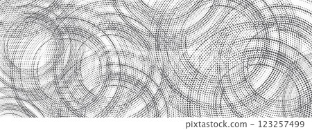 Abstract black and white backdrop with halftone circles. Simple pattern for wallpaper. Dotted concentric gray overlaid areas. Vector background 123257499