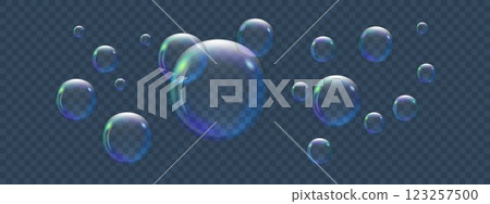Realistic flying liquid bubbles. Rainbow soap foam. Shiny reflection, flying bath elements. Vector illustration isolated of transparent dark background. 123257500