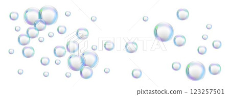 Soap foam bubbles on a white background. Iridescent round particles. Rainbow crystal glass balls. Realistic background with water balloons flying in the air. Vector 3D illustration Soap foam bubbles on a white background. Iridescent round particles. Rainbow crystal glass balls. Realistic background with water balloons flying in the air. Vector 3D illustration 123257501