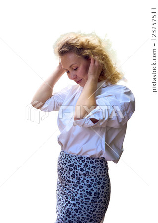 a  beautiful middle age woman in 70s, 80s style clothes stretches isolated, png, 123257511