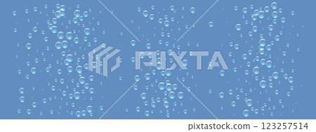 Underwater bubbles on a blue background. Water flow in an ocean, sea, aquarium. Air sparkles rise to the surface. Realistic clear balls. Fizzing bubble soda. Splash effect. Vector illustration Underwater bubbles on a blue background. Water flow in an ocean, sea, aquarium. Air sparkles rise to the surface. Realistic clear balls. Fizzing bubble soda. Splash effect. Vector illustration 123257514