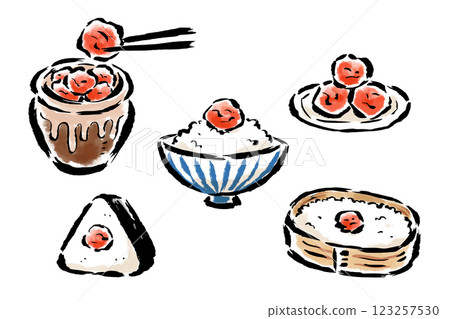 梅干、罐子、盤子、米飯、飯糰、日之丸便當、手繪插畫 123257530