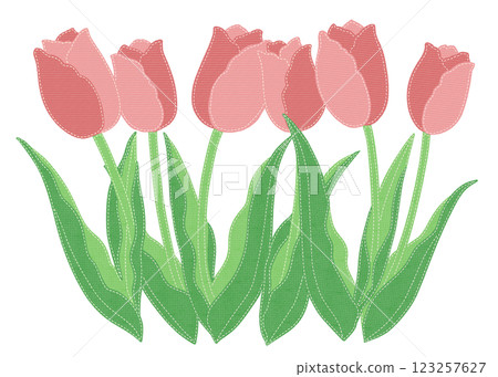 帶有針蹟的補丁樣式的粉紅色鬱金香插圖 123257627