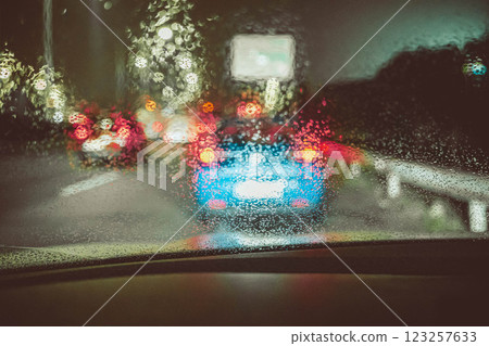 Rainy Night with Colorful Traffic Lights and Bokeh 123257633