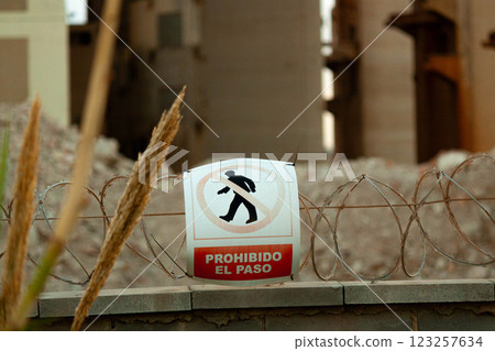 No Entry Sign on Barbed Wire Fence No Entry Sign on Barbed Wire Fence 123257634
