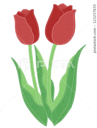 Illustration of red tulips in a patch style with stitches Illustration of red tulips in a patch style with stitches 123257635